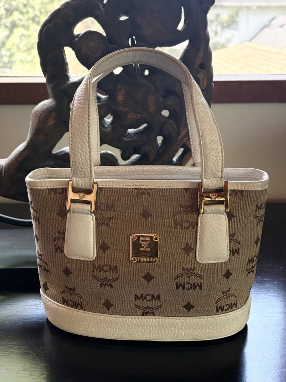 MCM Jacquard Shoulder Tote Bag with gold hardware